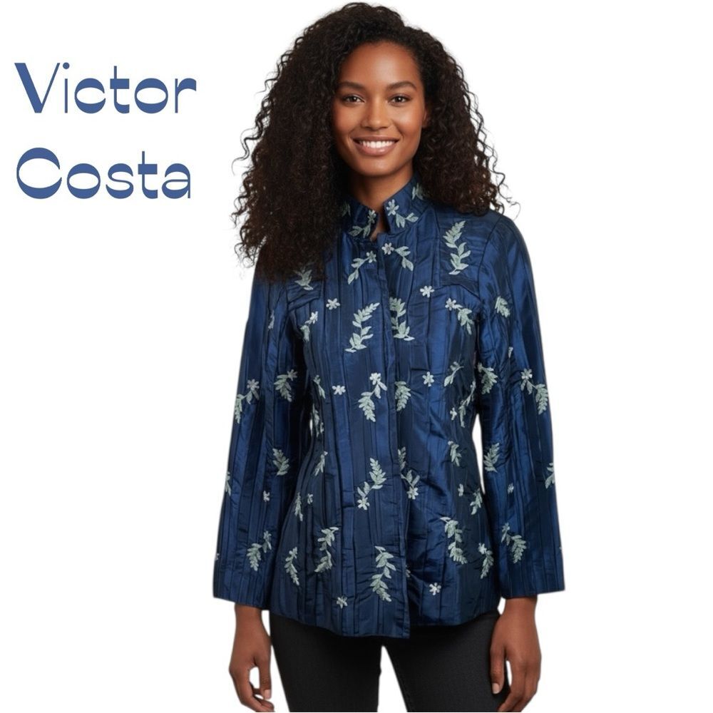 Victor Costa Metallic Blue Silver Floral Vintage Jacket Size S Evening Occasion